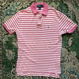 Men's Polo by Ralph Lauren Pink and White Striped Button Down Collared Shirt
